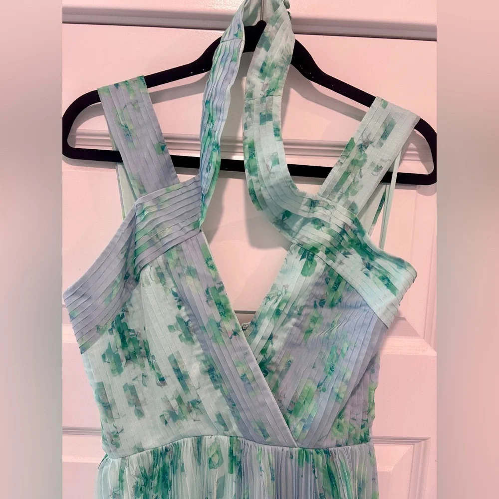 THEIA Pleated Chiffon Dress Blue Green Watercolor Halter Midi 4 Wedding Guest